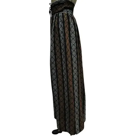 1960s High Waisted Handmade Tribal Boho Print Maxi Skirt Grommet Tie Front SZ XS
